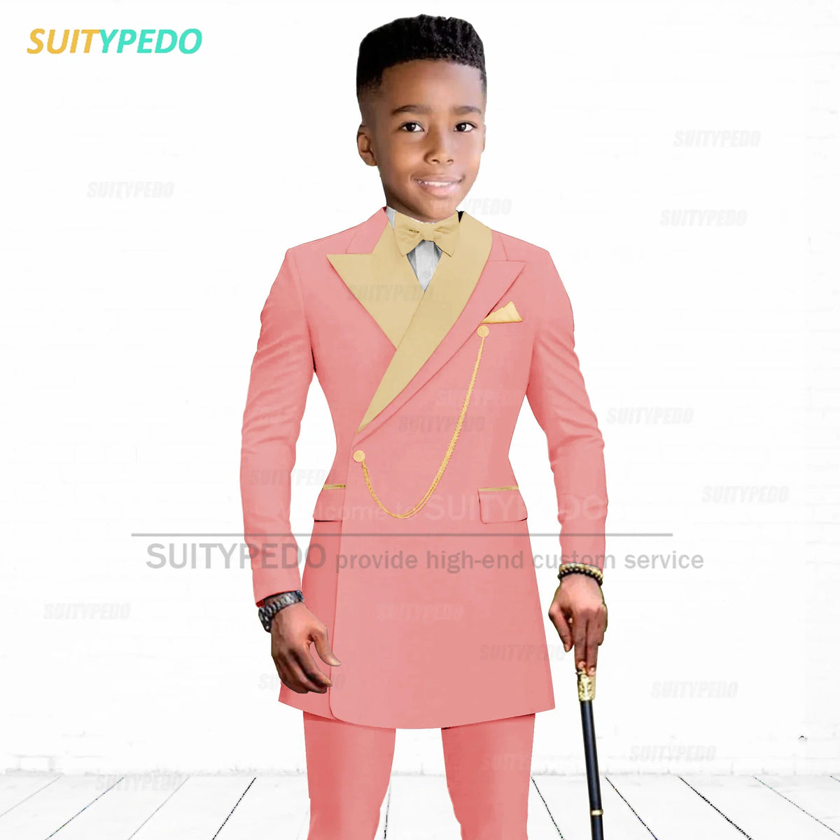 Brief Kids Suit Set  Formal Evening Prom Boys Stylish Gold Lapel Blazer And Pants Two Pieces Children Baptism Formal Costumes