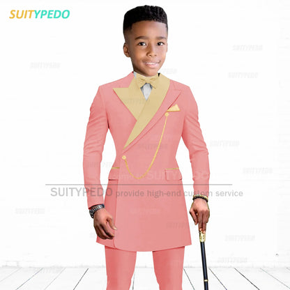 Brief Kids Suit Set  Formal Evening Prom Boys Stylish Gold Lapel Blazer And Pants Two Pieces Children Baptism Formal Costumes