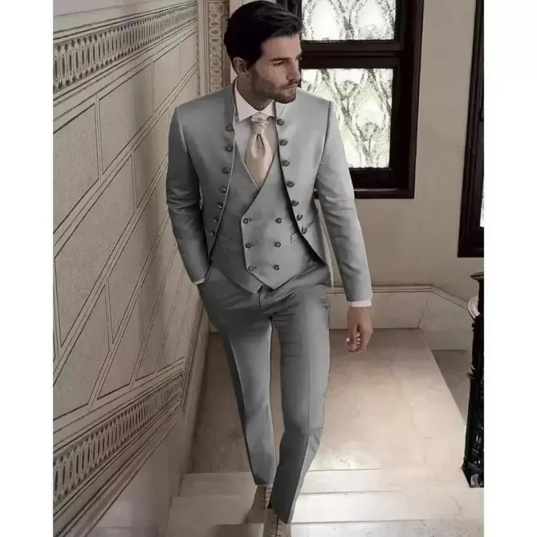Men's 3 Piece Formal Suit Wedding Groom Tuxedo Khaki Slim Fit Blazer Jacket Pants Vest Set Male Traditional Wedding Attire