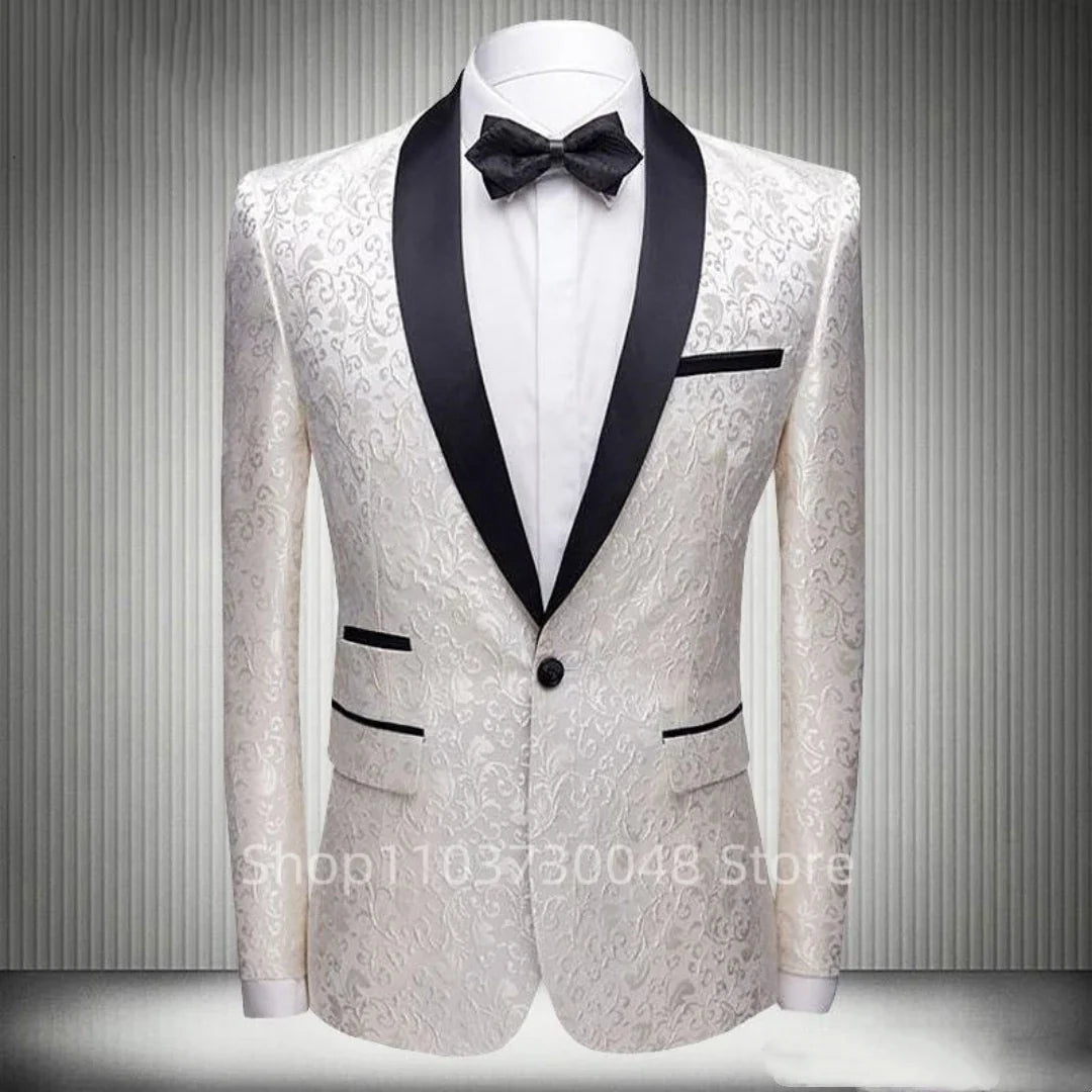 White Jacquard Blazer for Men with Shawl Lapel One Button Dinner Jacket Elegant Slim Fit Suit Jacket One Coat for Wedding Party