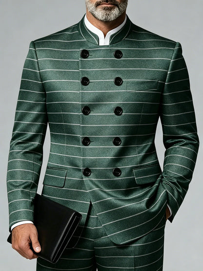 Men's Plus Size Blazer Mandarin Collar Double Breasted Slim Fit Pinstripe Luxury Jacket For Business Wedding Party Banquet