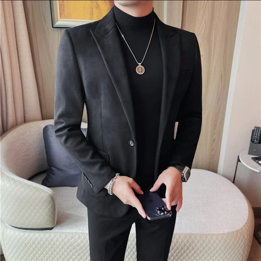 2024 Autumn Winter Men's Suede Suit Jacket High End Business Casual Blazers Slim Fit Wedding Groom Street Wear Social Dress Coat