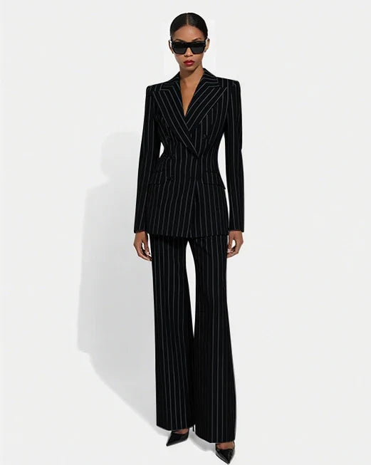 Black Stripe Double Breasted Women Blazer Sets Fashion Slim Pants Suits Custom Made Clothing