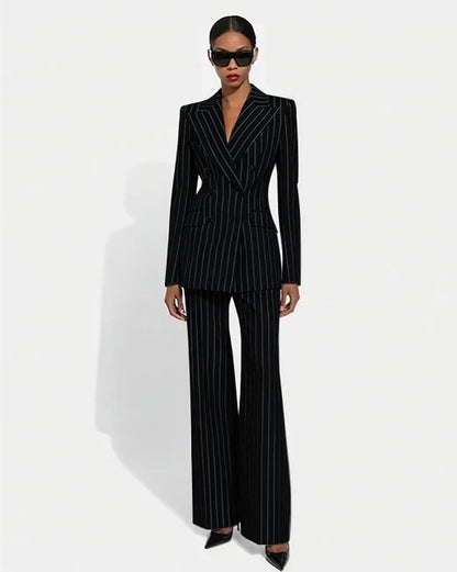 Black Stripe Double Breasted Women Blazer Sets Fashion Slim Pants Suits Custom Made Clothing