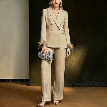 Luxury White Feather Women's Suit Elegant Classic Double Breasted Jacket Pants Formal Evening Party Wedding Guest Outfit