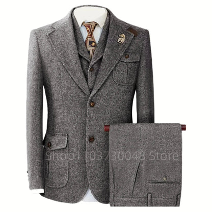 Men's Gray Wool Tweed Slim Fit 3 Piece Suit Winter Formal Herringbone Business Tuxedo Groom Male Jacket Vest Pants Set