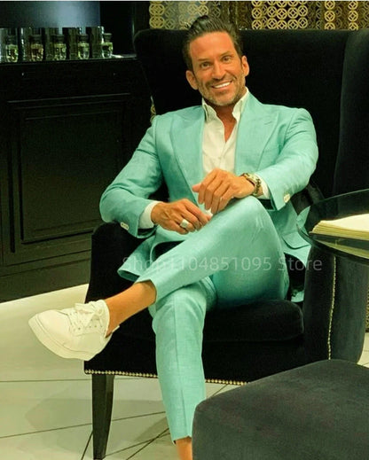 Mint Green 2 Piece Slim Fit Men Suits Groom Tuxedos Peak Lapel One Button Blazer Pants Sets Wedding Prom Business Costume Homme