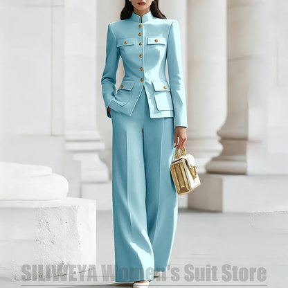 Women's Ivory Suit Mandarin Collar 2 Piece Military Style Gold Buttons Blazer Wide Leg Pants Wedding Party Prom Lady Suits