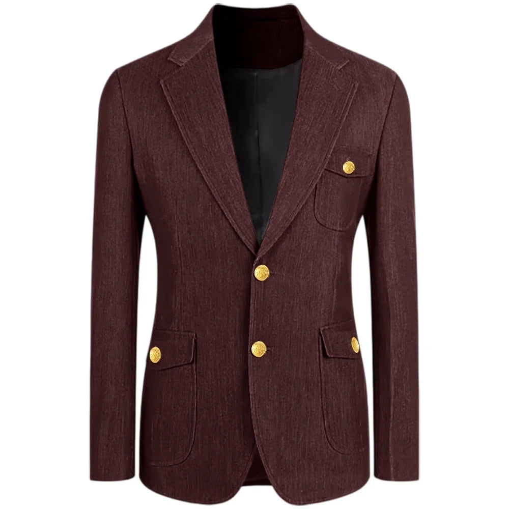Men's Denim Suit Jacket Classic Notched Lapel Slim Fit Gold Buttons Multiple Pockets Formal Blazer Business Casual Daily Wear