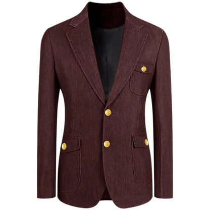 Men's Denim Suit Jacket Classic Notched Lapel Slim Fit Gold Buttons Multiple Pockets Formal Blazer Business Casual Daily Wear