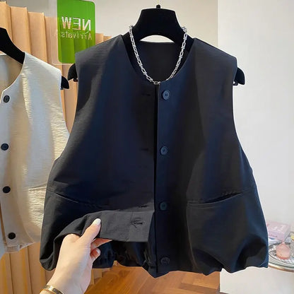 Vest Female Spring Autumn Casual Lined Waistcoat Women O-Neck Sleeveless Jacket Women Solid Single-breasted Vest Coat