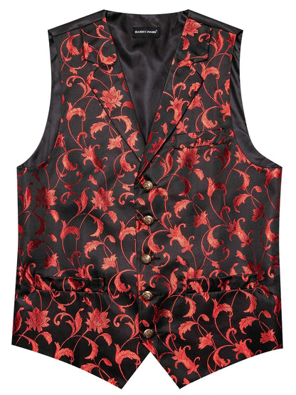 Men's Red Jacquard Floral Vest Notched Lapel Collar – Formal Waistcoat & Bowtie Set