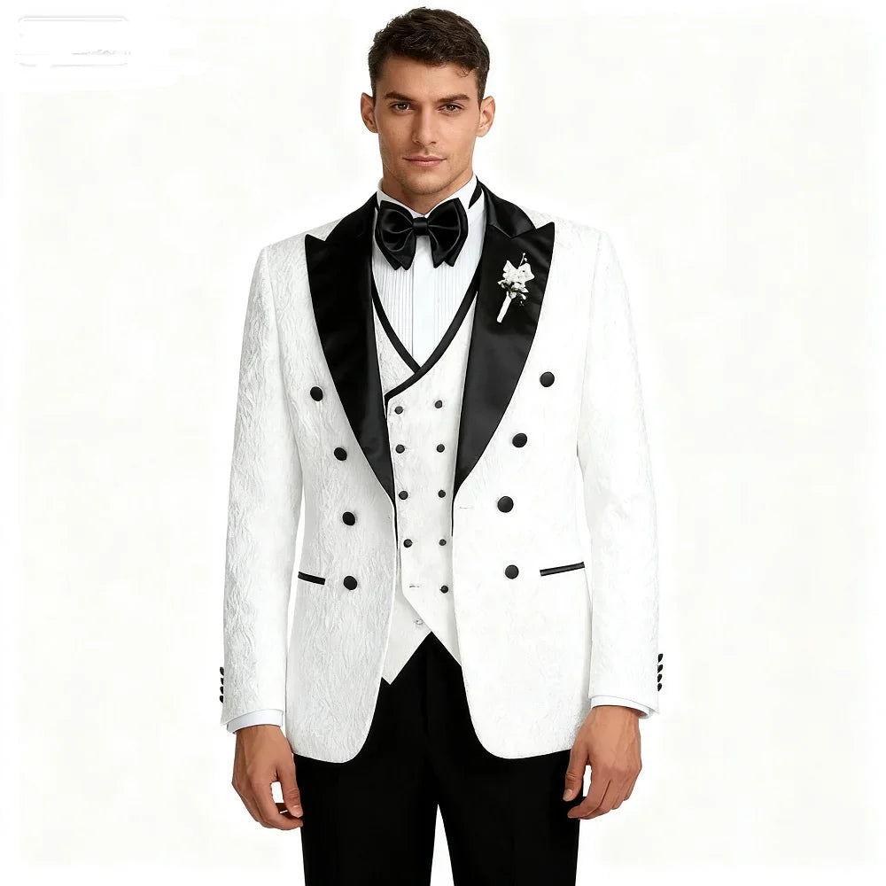 Costume de mariage floral 3 pièces pour homme – Veste croisée avec gilet, revers de costume pointus, tenue de mariage élégante pour homme