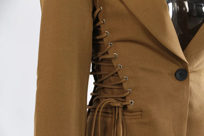 Spring Autumn New Women Blazer Notched Collar Single Button Lace-Up Waist Cinching Slim Fit Elegant Fashion Jackets HK13264