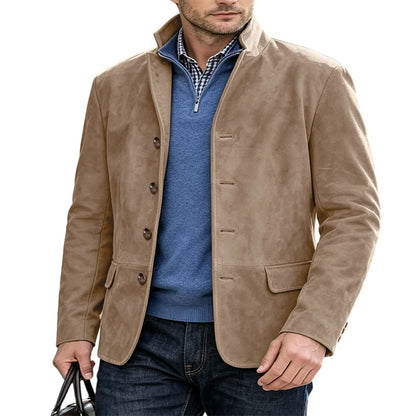Men's Suede Blazer Single Breasted Slim Fit Classic Stand Collar Suit Jacket for Weddings & Daily Wear