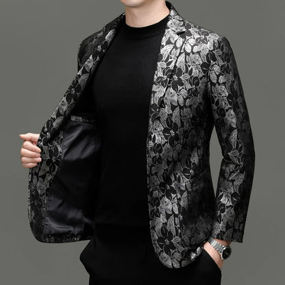 Men's Blazer Sheepskin Leather Floral Print Single Breasted Smart Casual