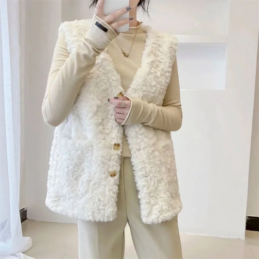 Lady Fashion Vest Outerwear Autumn Winter Female Imitation lamb Wool Waistcoat Coat Korean Women Rabbit 's Hair Sleeveless