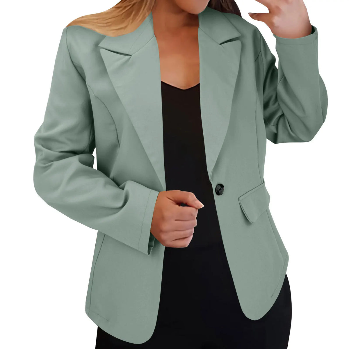 Women's Solid Color Single Button Blazer Autumn Long Sleeve Lapel Office Jacket Slim Fit Casual Workwear with Front Pockets