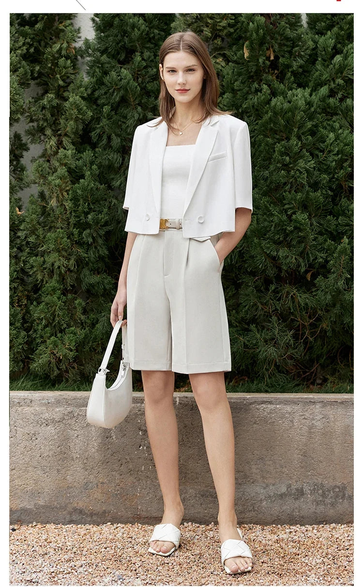 Minimalism Women's Jacket Casual Blazer 2024 Summer Shirts Office Lady Black Business Blazers Short Sleeve Tops 12322062