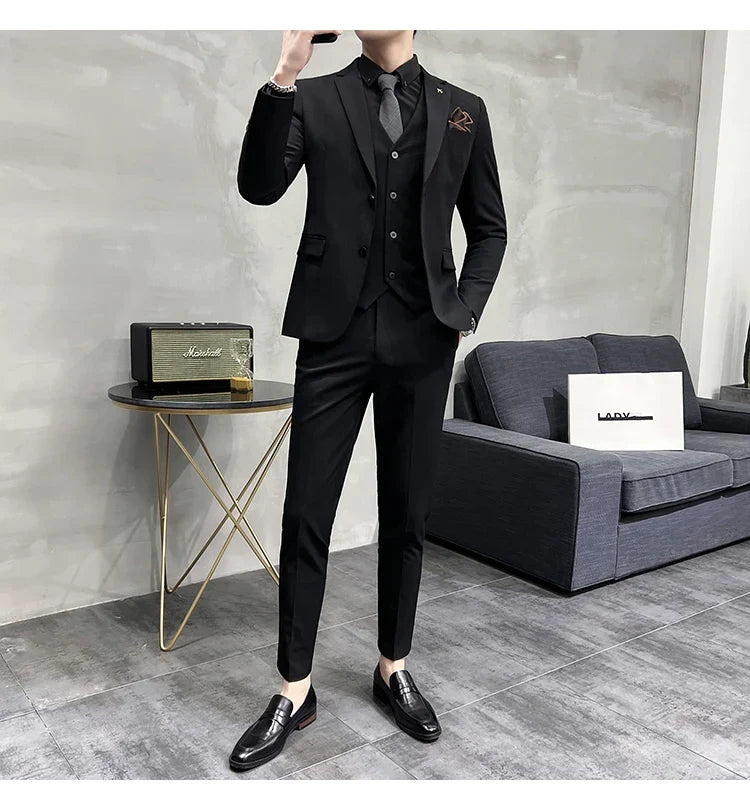 Men's Slim Fit 3-Piece Suit – Solid Color, Smart Casual & Wedding