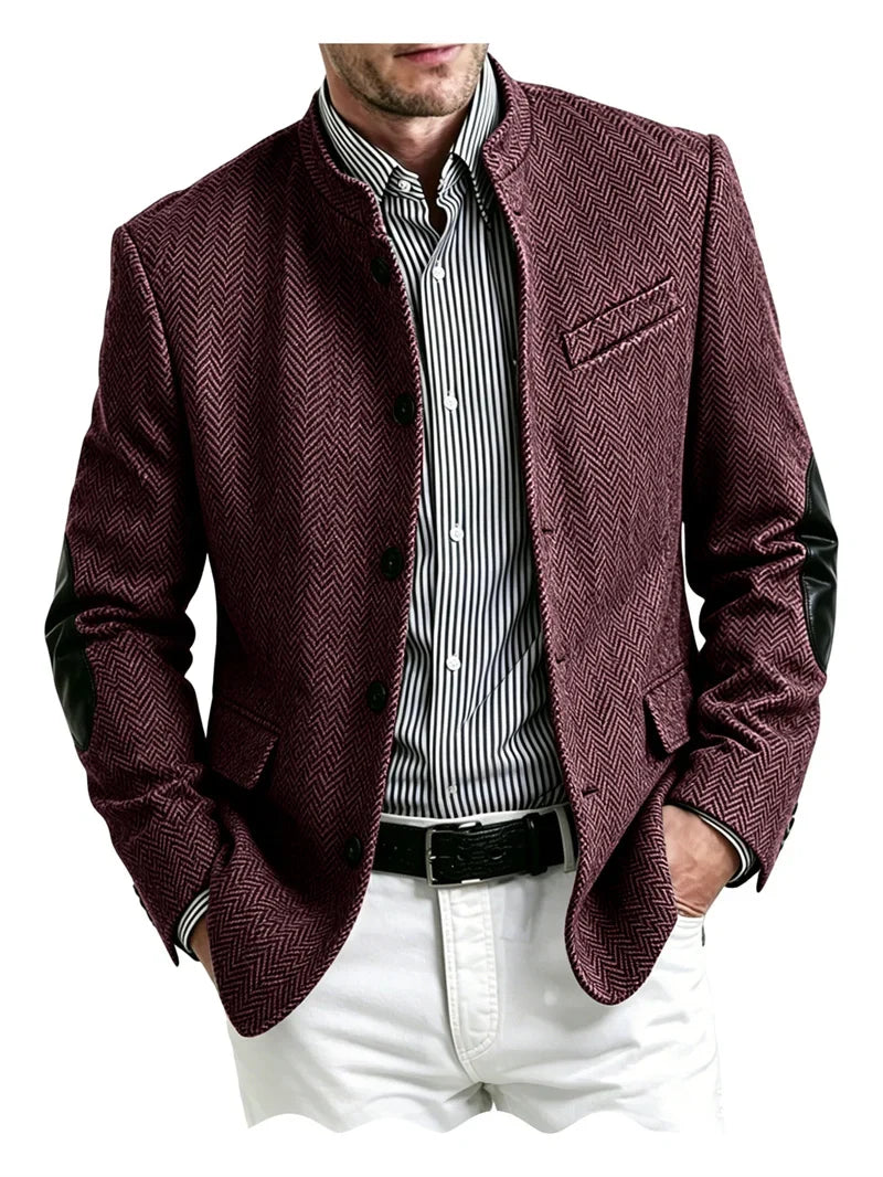 Men's Herringbone Tweed Blazer With Elbow Patches Retro Stand Collar Jacket Slim Fit Daily Party Business Casual Sport Coat ﻿