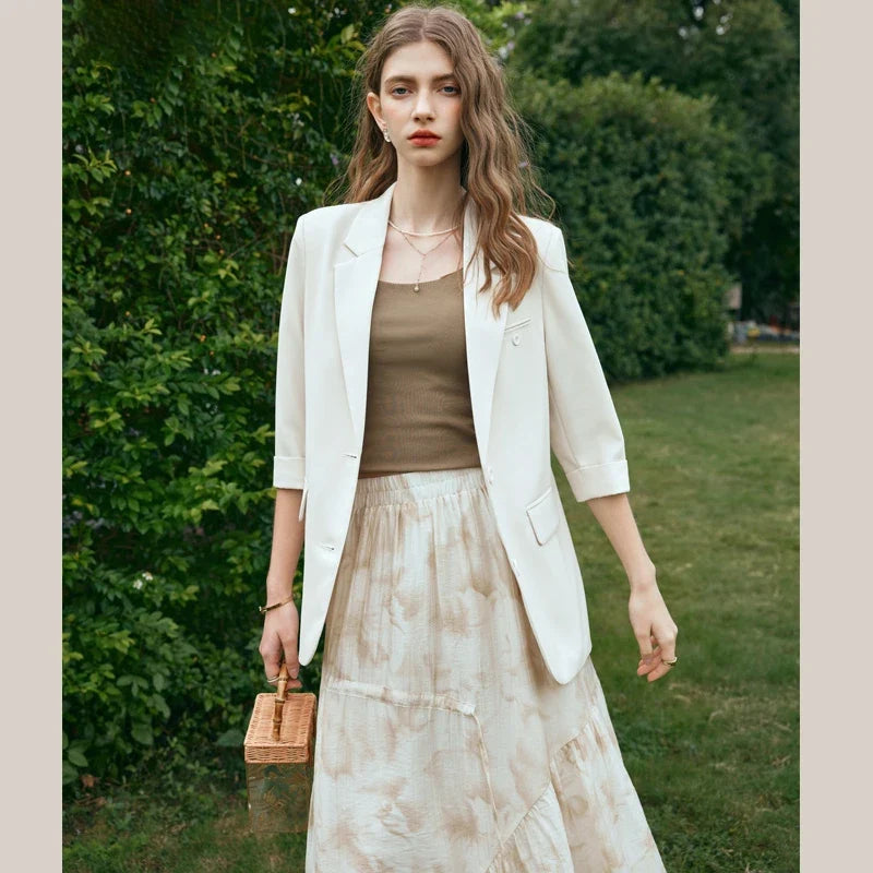 Formal Style Womens Blazers 2026 Spring Office Wear Solid Notched Collar Three Quarter Sleeve Outercoat G24CW89889