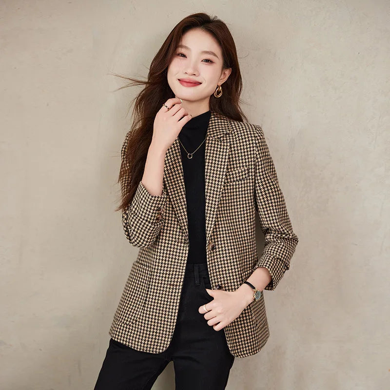 Women Office Ladies Single Breasted Slim Blazer Coat Autumn Winter Fashion Plaid Temperament Long Sleeved Elegant Tops Vacation