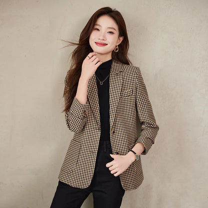 Women Office Ladies Single Breasted Slim Blazer Coat Autumn Winter Fashion Plaid Temperament Long Sleeved Elegant Tops Vacation