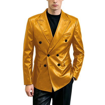 Vintage Men's Brown Leather Blazer Double Breasted Peak Lapel Slim Fit Suit Jacket High Quality Fashion Sport Coat Business Casu