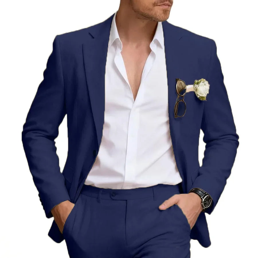 Linen Suits for Men Retro Casual Slim Fit Suit Beach Prom Dress Tux 2 Pieces Set Wedding Groomsmen One-Button Jacket Blazer Pant