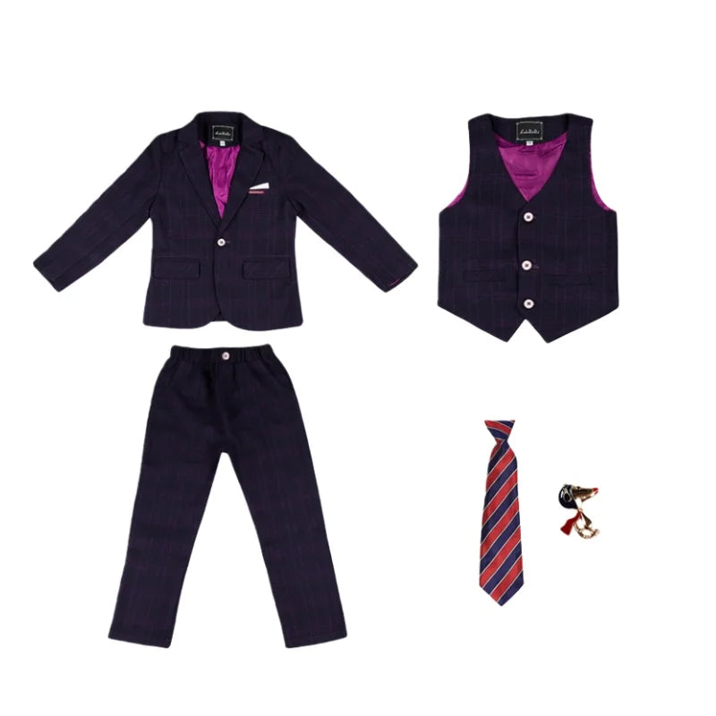 Handsome Boys Plaid Suit Set With Blazer Vest Pants Bowtie Brooch 1-11Years Kids Formal Birthday Wedding Party Outfit Suit Set