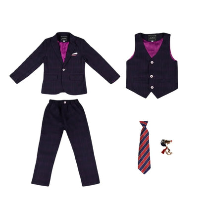Handsome Boys Plaid Suit Set With Blazer Vest Pants Bowtie Brooch 1-11Years Kids Formal Birthday Wedding Party Outfit Suit Set