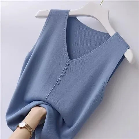 Summer Women's Tank Top Silk V-neck Wide Shoulder Strap Color Knitted Shirt Sleeveless Top Student Ice Silk Vest