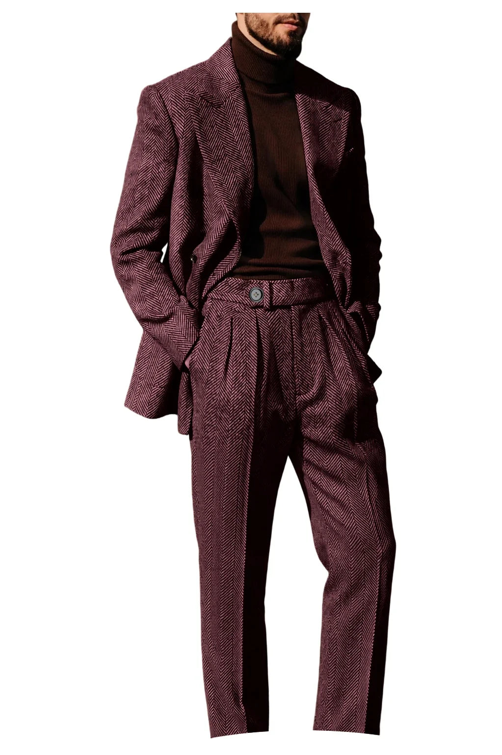 Men's Herringbone Suit 2-Piece Set – Double Breasted Blazer & Trousers for Wedding & Business