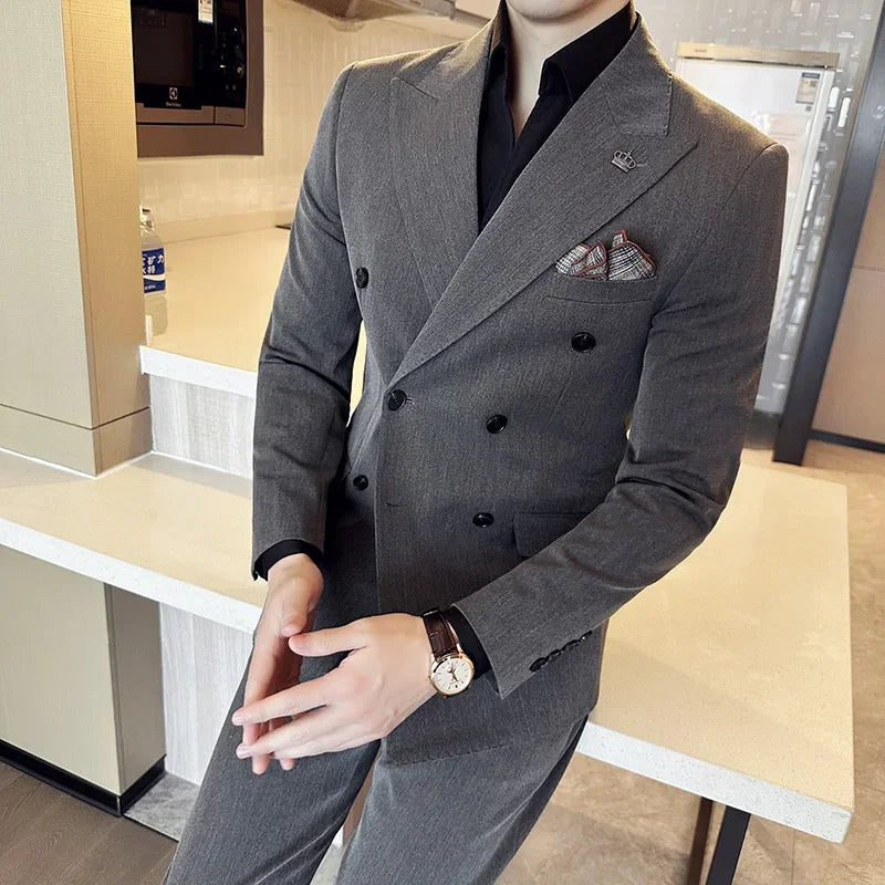 (Jacket+Pant) Fashion Double Breasted Design Men's Slim Fit Suits High Quality Italian Style Wedding Social Tuxedo Men Clothing