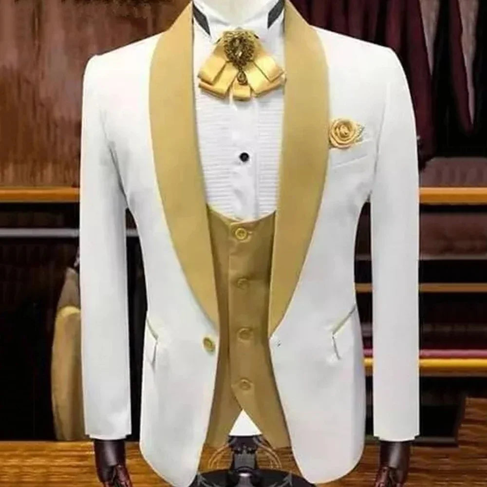 Tailor Made Suit With Pants White Wedding Tuxedo for Groom with Gold Shawl Lapel 3 Piece Slim Fit Men Suits Costume Homme