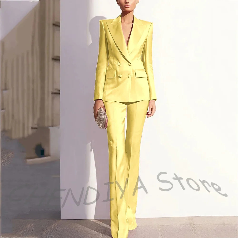 Luxury Satin Women Pants Suit Tailored Business Attire Dusty Rose 2 Piece Peak Lapel Straight Formal Outfit Daily Office Set