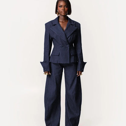 High Fashion Navy Blue Pinstriped Women's Suit Double Breasted Notched Lapel 2Pieces Jacket+Pants Set Elegant Evening Party Wear