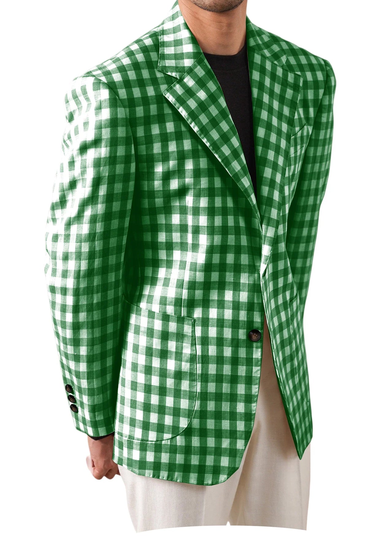 Men's Checkered Cotton Blazer Notched Lapel Single-Breasted Casual Business Summer Sport Coat with Patch Pockets