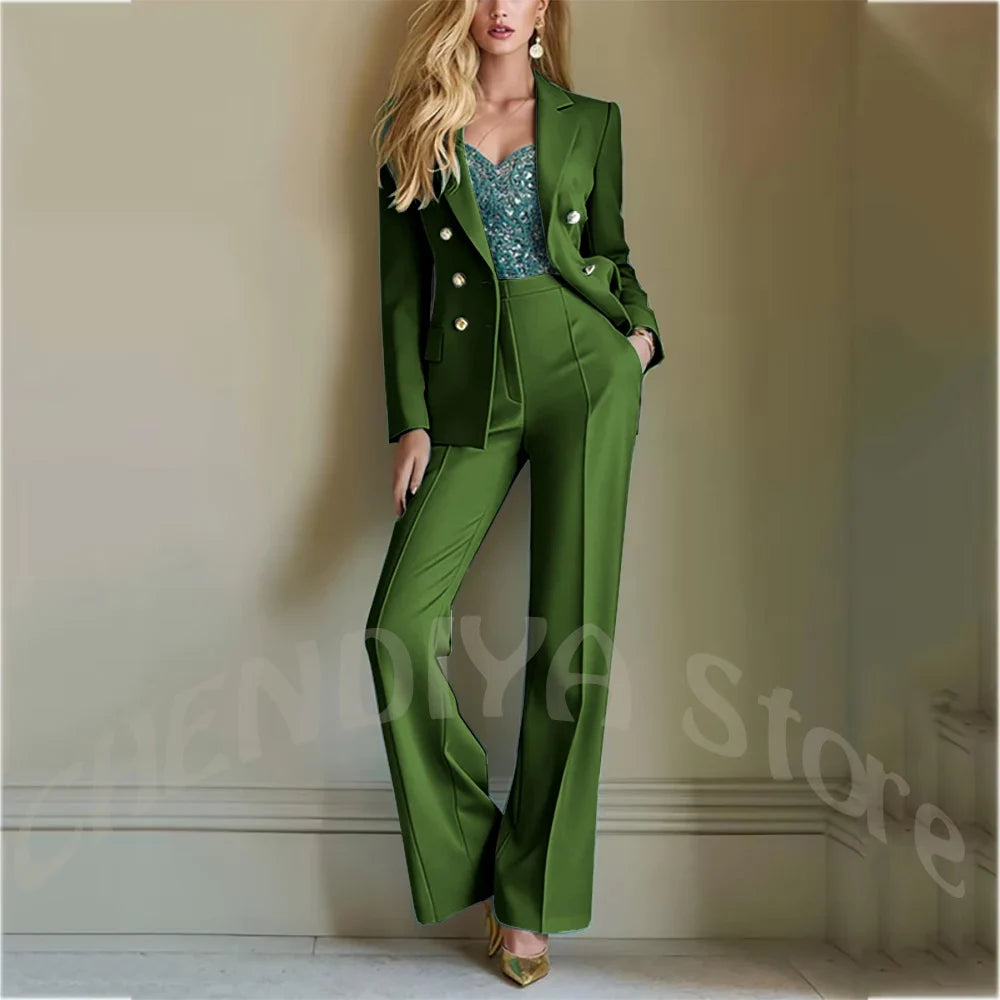 Solid Color Suit For Women High Quality Double Breasted Two Piece Notch Lapel Slim Fit Elegant Fashion Female Outfit Jacket Pant