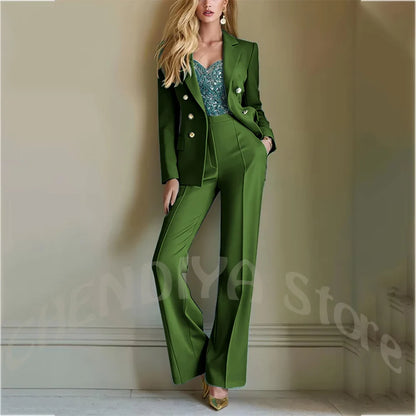 Solid Color Suit For Women High Quality Double Breasted Two Piece Notch Lapel Slim Fit Elegant Fashion Female Outfit Jacket Pant