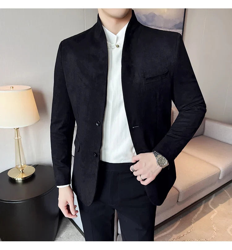High Quality Cowhide Suede Suit Coats Men Fashion Slim Fit Stand Up Collar Business Casual Jacket Formal Groom Social Tuxedos