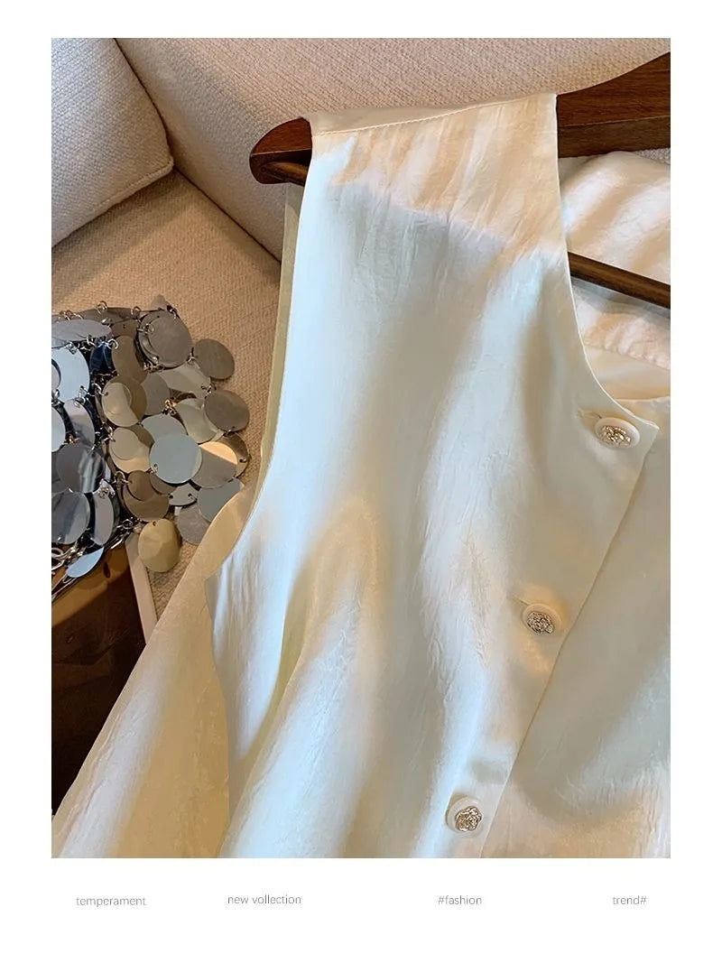 Women Vest Small Fragrance Jacket Satin Sleeveless Top Spring Summer New Fashion Temperament Petal Hem Waistcoat Female Vest