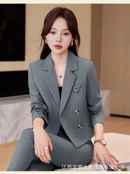 Blue Suit Women 2024 New Spring High End Fashion Temperament Professional Short Blazer And Pants Sets Office Ladies Work Wear