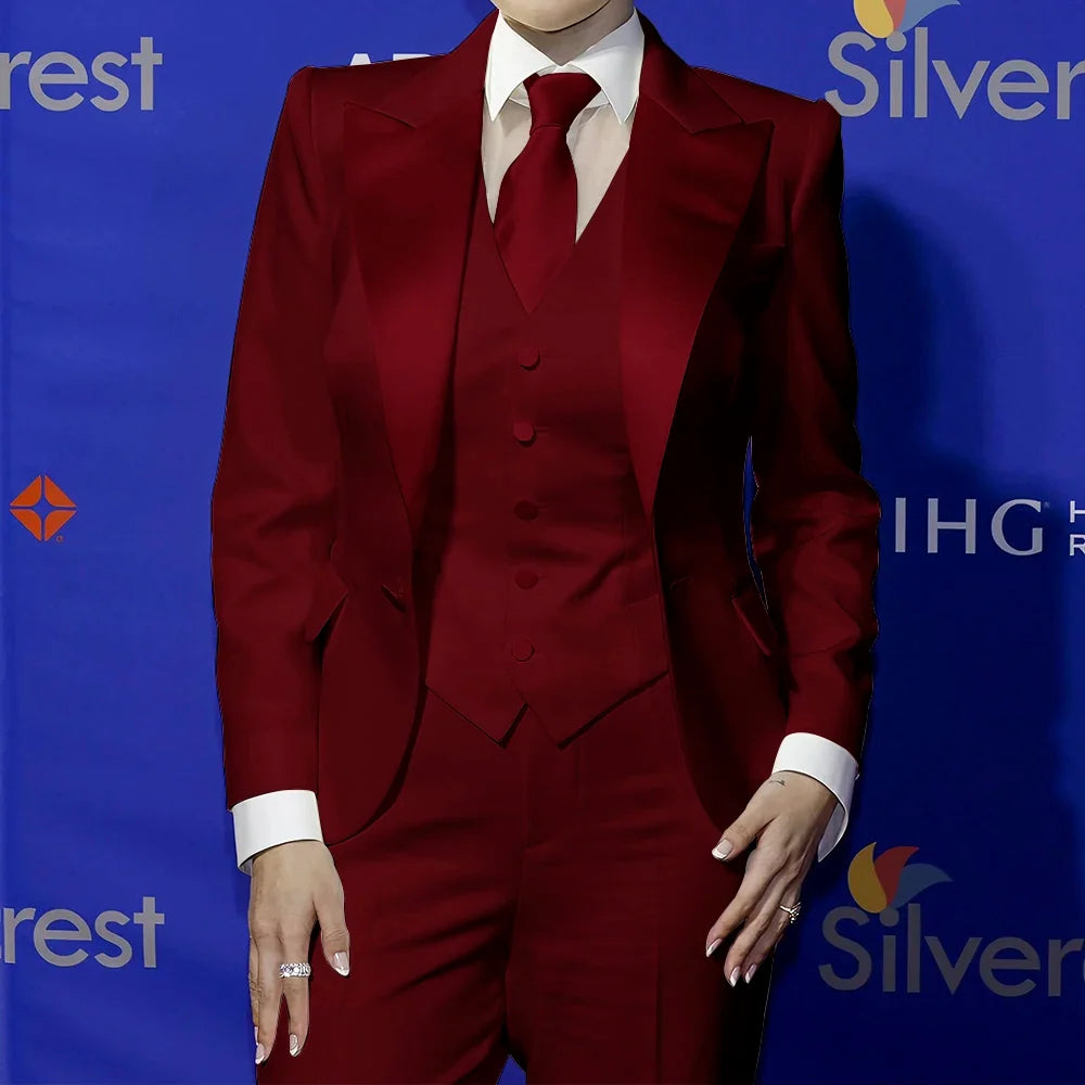 Elegant Women's White Clothes with Satin Lapel Three-Piece Suit Blazer+Vest+Pants Formal Sharp Tailored Set for Evening Party