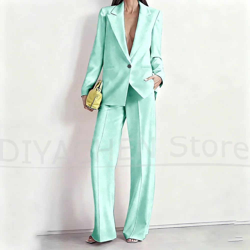 Women's Suit Set Peak Lapel One Button Blazer and Wide-Leg Pants Fashion Formal Casual Party Office Stylish Pants Sets Two Piece