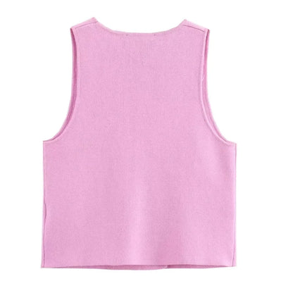 Sweater Lady Vests Sleeveless Pink Knitted Vest For Women Fall Round Neck Short Sweaters Vests Elegant Knit Vests Woman