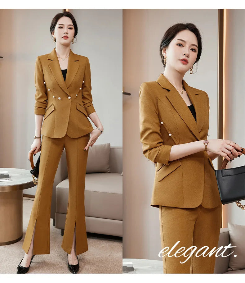 Office Lady Formal Blazer Pants Suits 2 Piece Matching Set Conjuntos Para Mujeres Plus Size Jacket Split Flare Pants Sets New