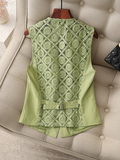 Women’s Summer Button Vest with Crochet Lace Back — Breathable, Linen-Style Texture, Deep V-Neck, Casual to Office Layer