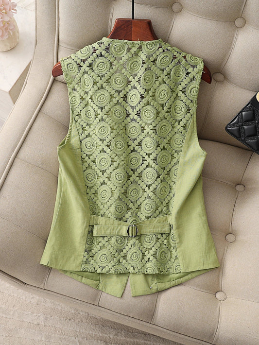 Women’s Summer Button Vest with Crochet Lace Back — Breathable, Linen-Style Texture, Deep V-Neck, Casual to Office Layer